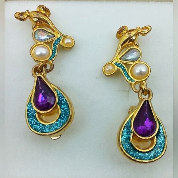 Disney Vintage Jeweled Pearl Clip On Earrings Gold Tone Jewelry Jasmine - Picture 1 of 12